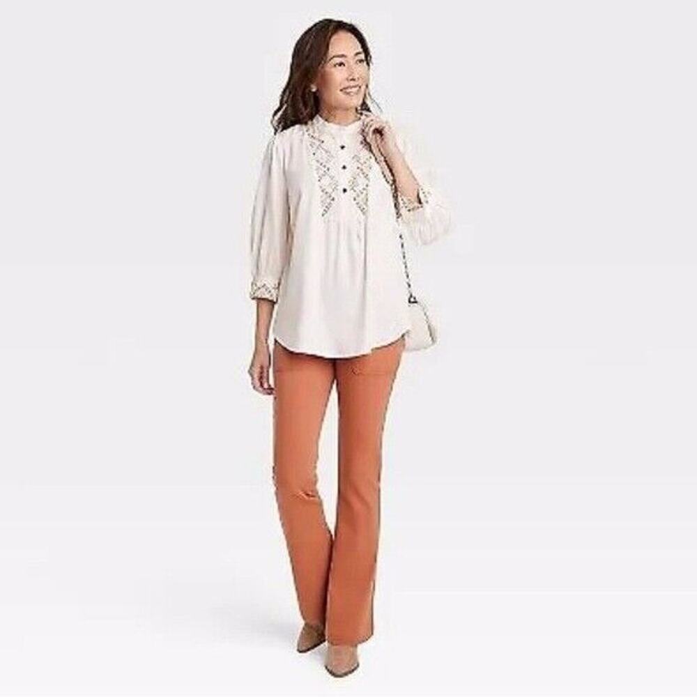 NWOT Knox Rose Bishop Embroidered 3/4 Sleeve Top Cream Boho Size L